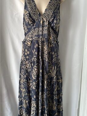 Sleeveless Navy, Beige and Gold Printed Maxi Dress
